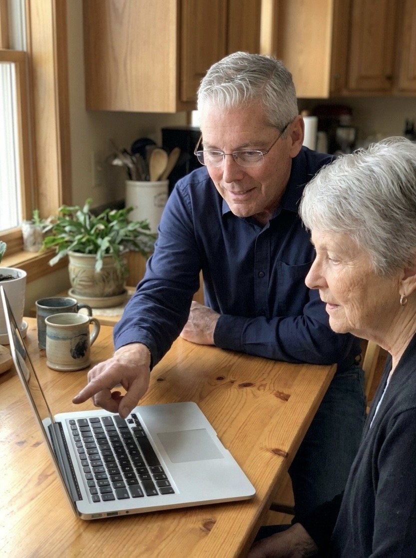 Steve helping a woman with her laptop in her kitchen